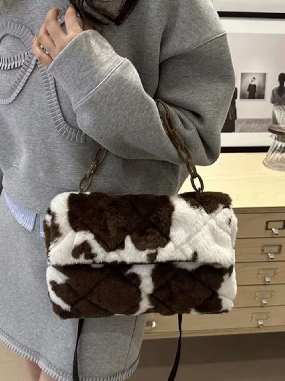 Fluffy Fuzzy Leopard Cow Animal Print Clutch, Chain Fluffy Soft Winter Crossbody